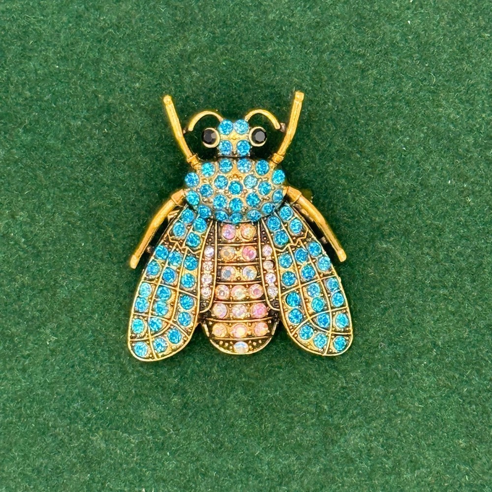 Rhinestone Bee Brooch Heavy Crystal Pin Gold Tone Costume Jewelry 1.75" - Blue